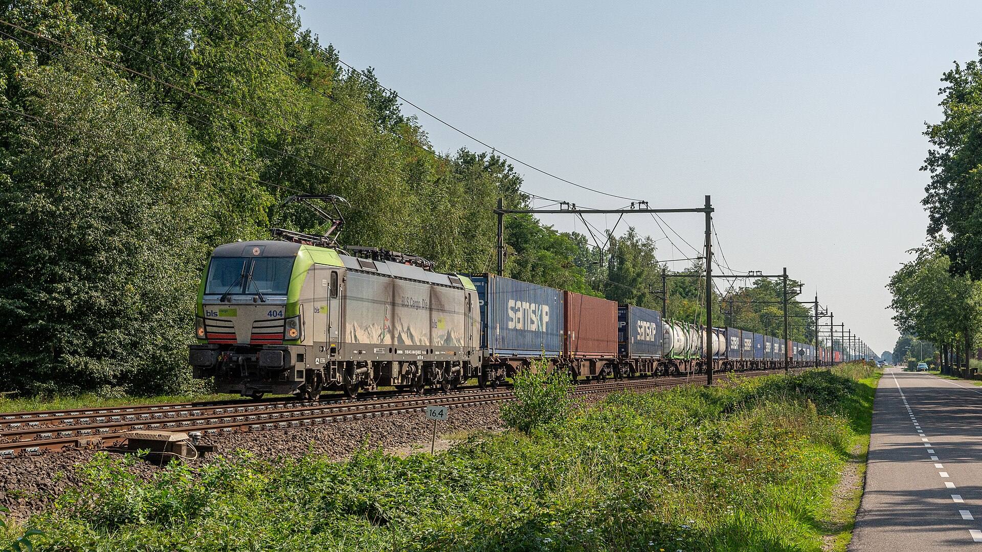 Intermodale containertrein op het spoor
